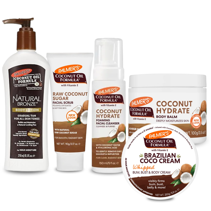 Palmer's Coconut Oil Formula Complete Skincare Bundle – Facial Scrub, Cleanser, Body Balm, Tanning Lotion & Brazilian Coco Cream