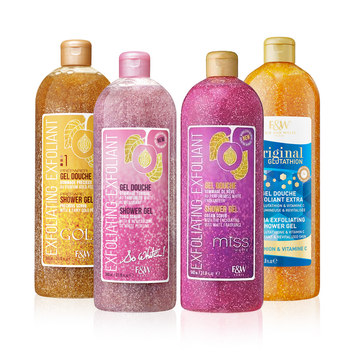 Fair & White Paris Exfoliating Exfolliant Shower Gel Bundle - Gold Precious, So White, Miss White & Original Glutathion (4 x 940 ml)
