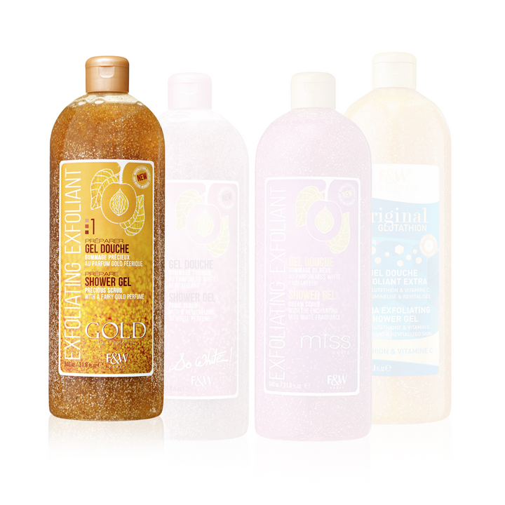 Fair & White Paris Exfoliating Exfolliant Shower Gel Bundle - Gold Precious, So White, Miss White & Original Glutathion (4 x 940 ml)