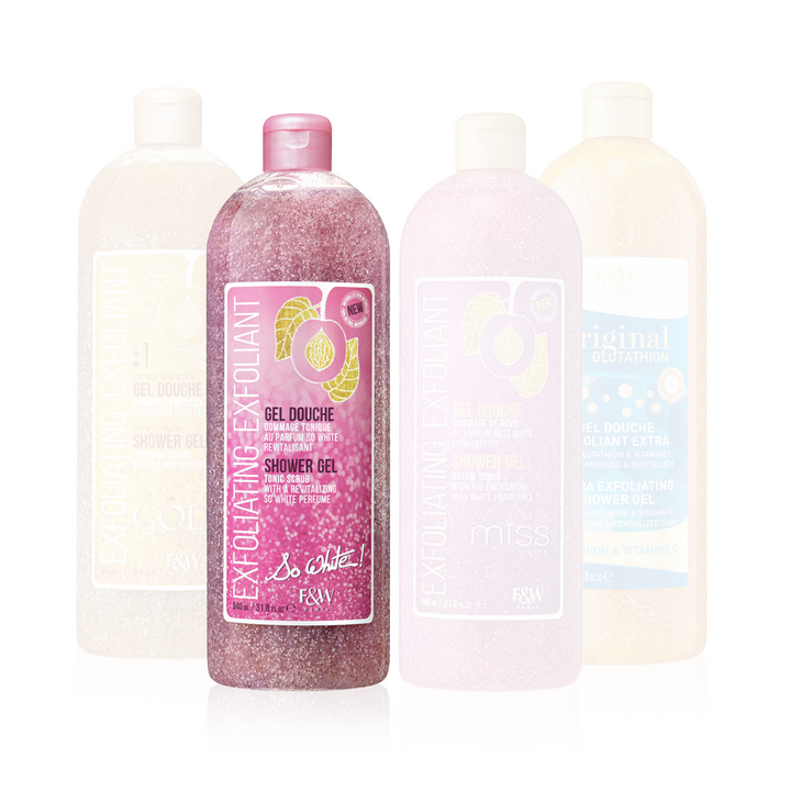 Fair & White Paris Exfoliating Exfolliant Shower Gel Bundle - Gold Precious, So White, Miss White & Original Glutathion (4 x 940 ml)