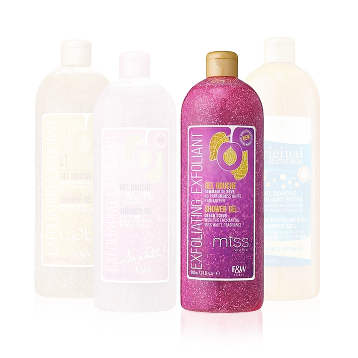 Fair & White Paris Exfoliating Exfolliant Shower Gel Bundle - Gold Precious, So White, Miss White & Original Glutathion (4 x 940 ml)