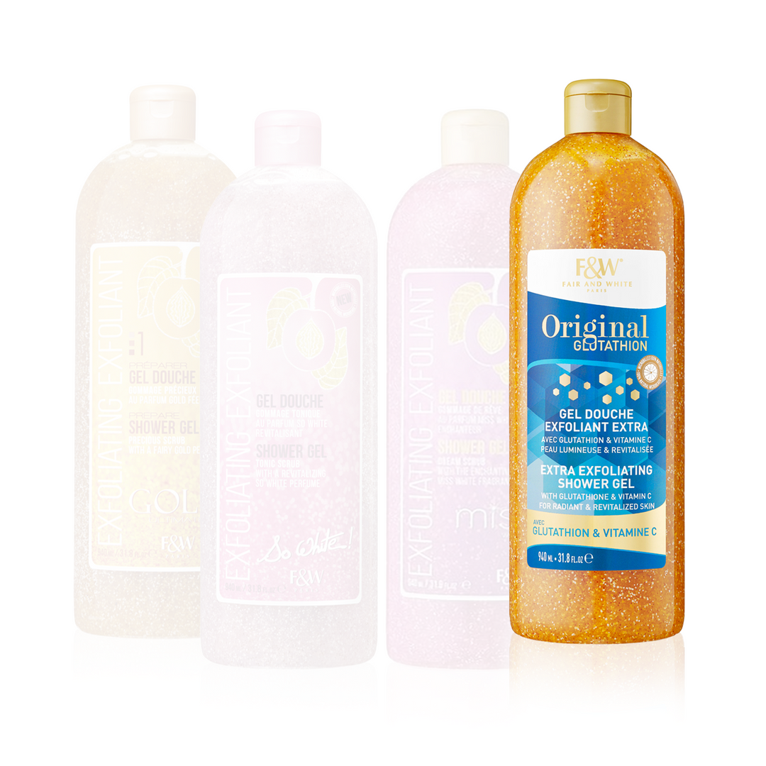 Fair & White Paris Exfoliating Exfolliant Shower Gel Bundle - Gold Precious, So White, Miss White & Original Glutathion (4 x 940 ml)