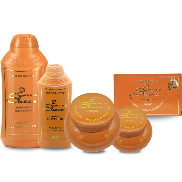 Ever Sheen Cocoa Butter Skin Care Bundle - Hand and Body Lotion, Creme, and Beauty Soap for Softer, Younger-Feeling Skin